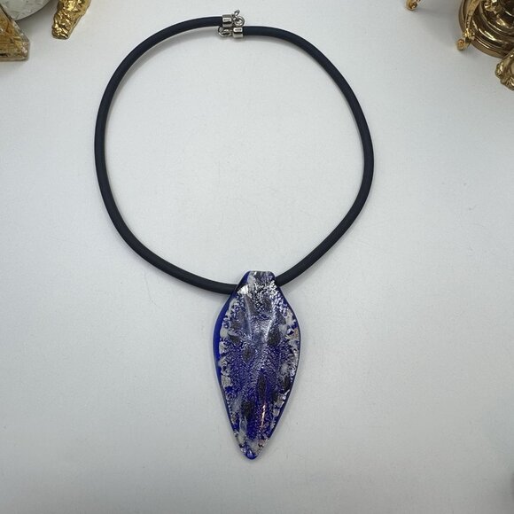 Vetri D'Arte Tear Drop Pendant Silver/Blue With Abstract Design Necklace Murano - Picture 5 of 6